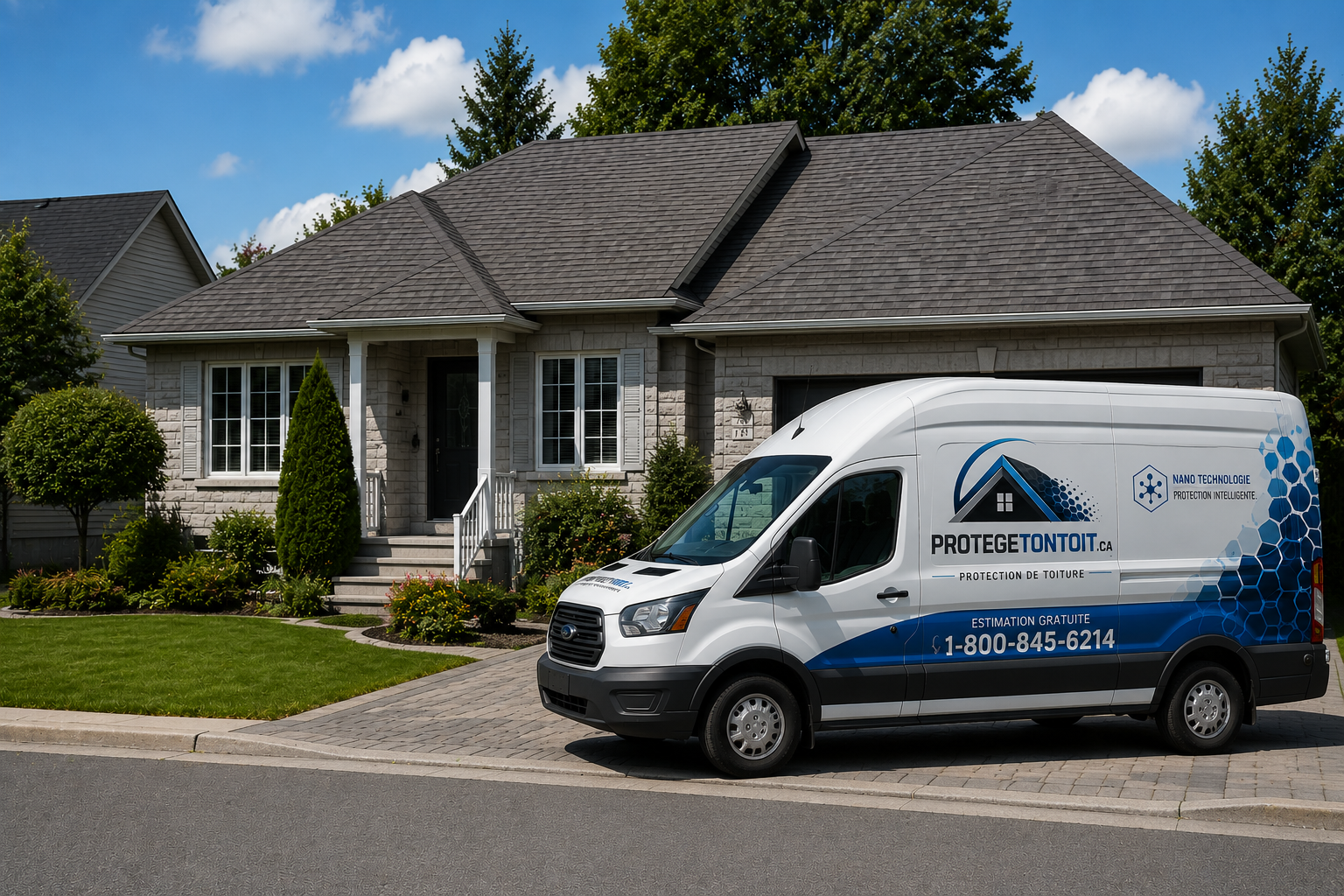 Camion ProtègeTonToit.ca devant maison québécoise — technicien certifié nano-protecteur