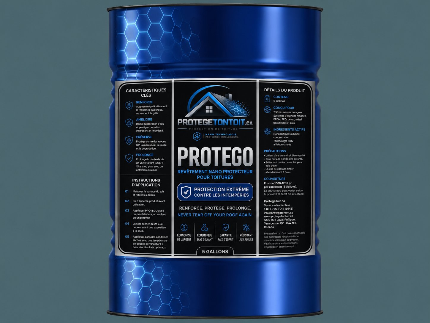 Baril PROTEGO 5 gallons revêtement nano protecteur SiO2 pour toitures ProtègeTonToit.ca