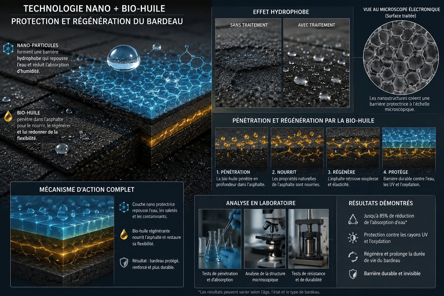 Infographie mécanisme complet nano-protection SiO2 bio-huile bardeau asphalte — pénétration régénération protection