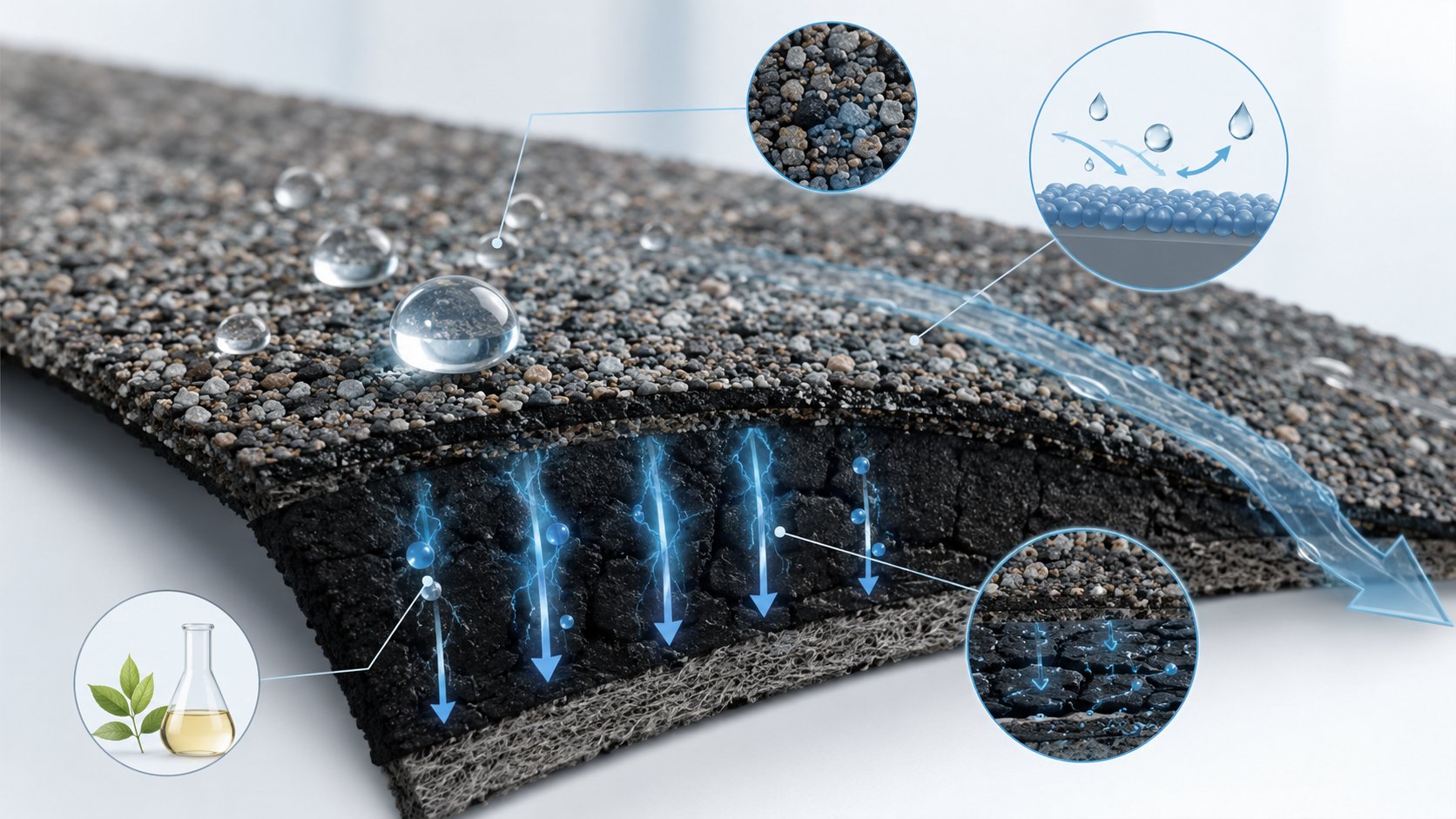 Coupe transversale bardeau asphalte montrant pénétration nanoparticules SiO2 et effet hydrophobe